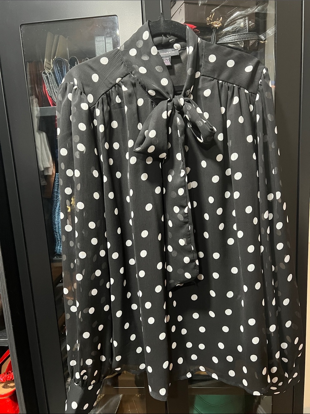 Black Polka Dot Tie-Neck Blouse